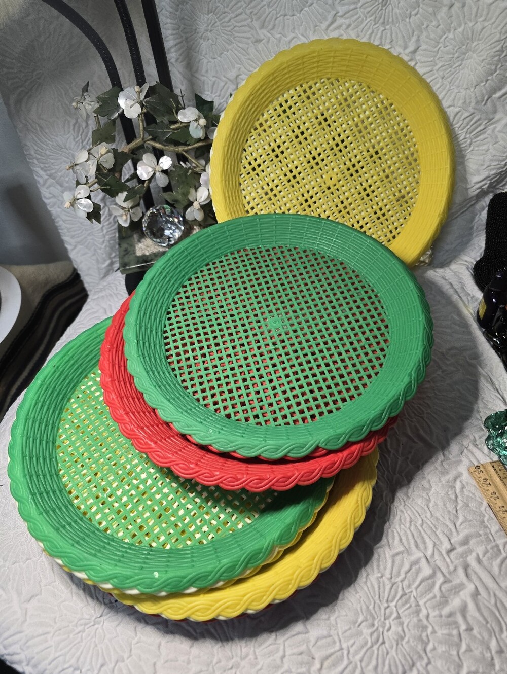 MCM Colorful Plastic Woven Basket Paper Plate Holder Trays 1960s70s Camping 12pc